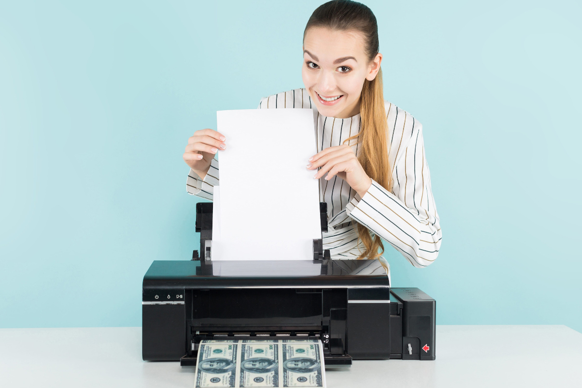 Smiling woman printing dollars.