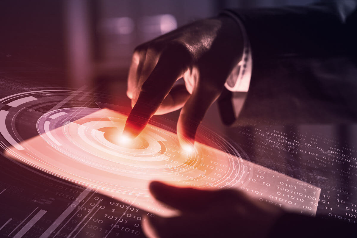 Hand touching futuristic technology panel interface