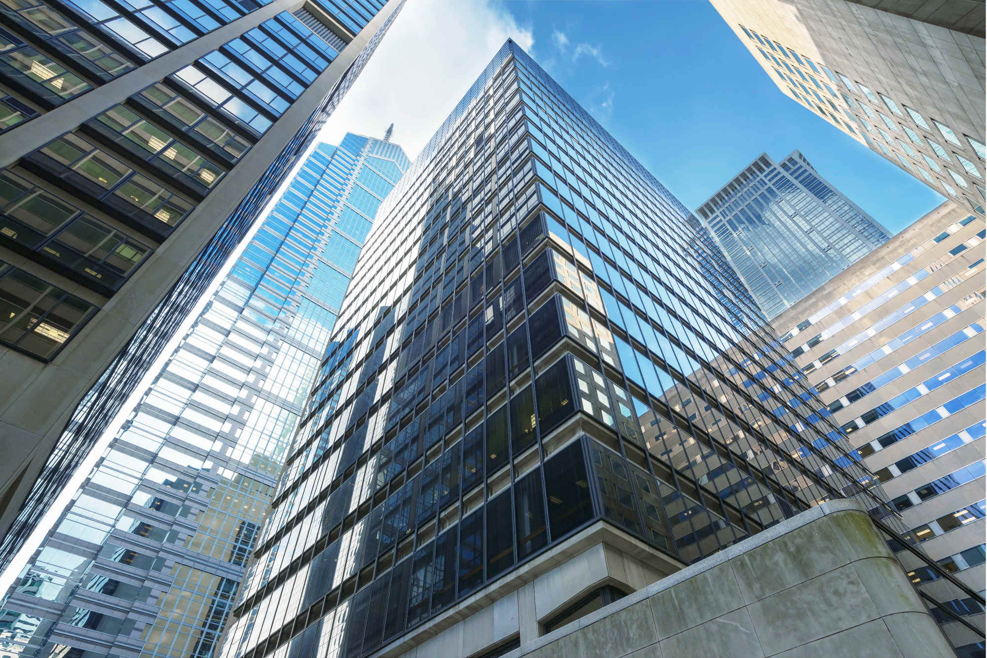 Upward view of modern skyscrapers